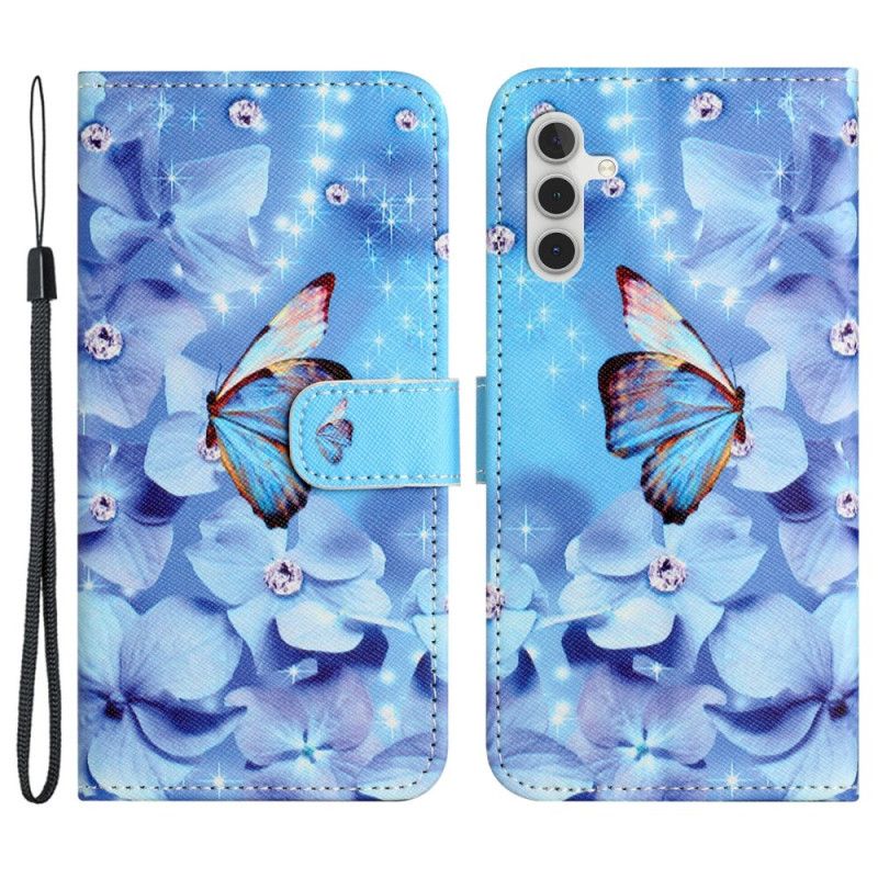 Leren Hoesje Samsung Galaxy S24 Fe Blauwe Bloemen En Vlinders Met Riempje