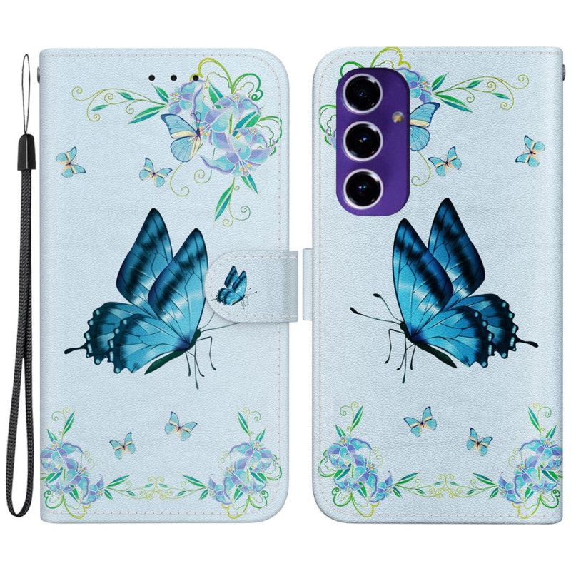 Leren Hoesje Samsung Galaxy S24 Fe Blauwe Vlinder En Bloemen Met Riempje Bescherming Hoesje