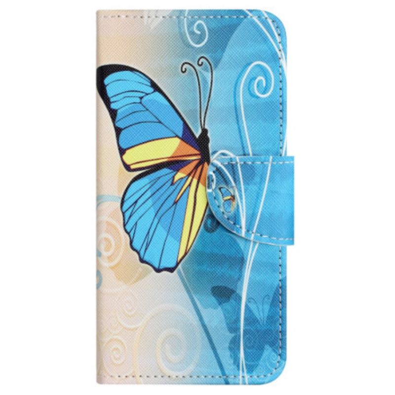 Leren Hoesje Samsung Galaxy S24 Fe Gele En Blauwe Vlinder Bescherming Hoesje