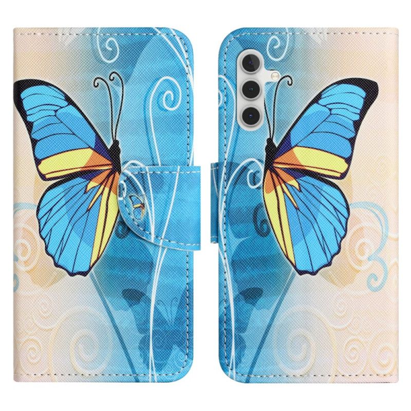 Leren Hoesje Samsung Galaxy S24 Fe Gele En Blauwe Vlinder Bescherming Hoesje