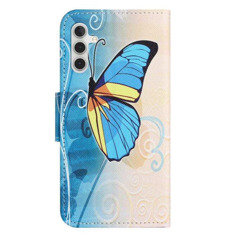 Leren Hoesje Samsung Galaxy S24 Fe Gele En Blauwe Vlinder Bescherming Hoesje