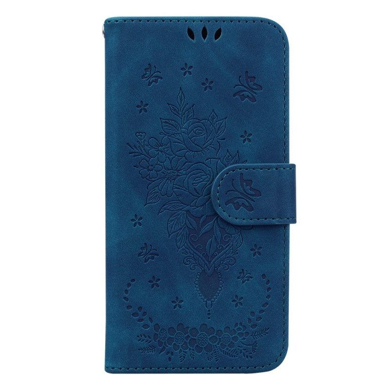 Folio-hoesje voor Samsung Galaxy S23 Plus 5G Met Ketting Strappy Rozen En Vlinders