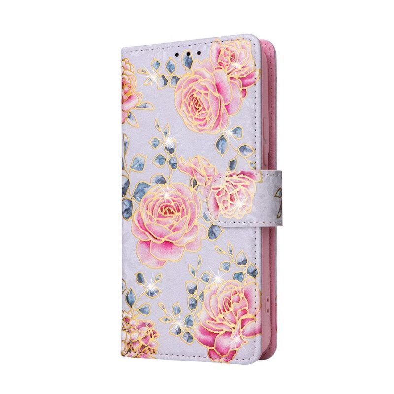 Folio-hoesje voor Samsung Galaxy S23 Plus 5G Rfid-bloemen Met Sleutelkoord