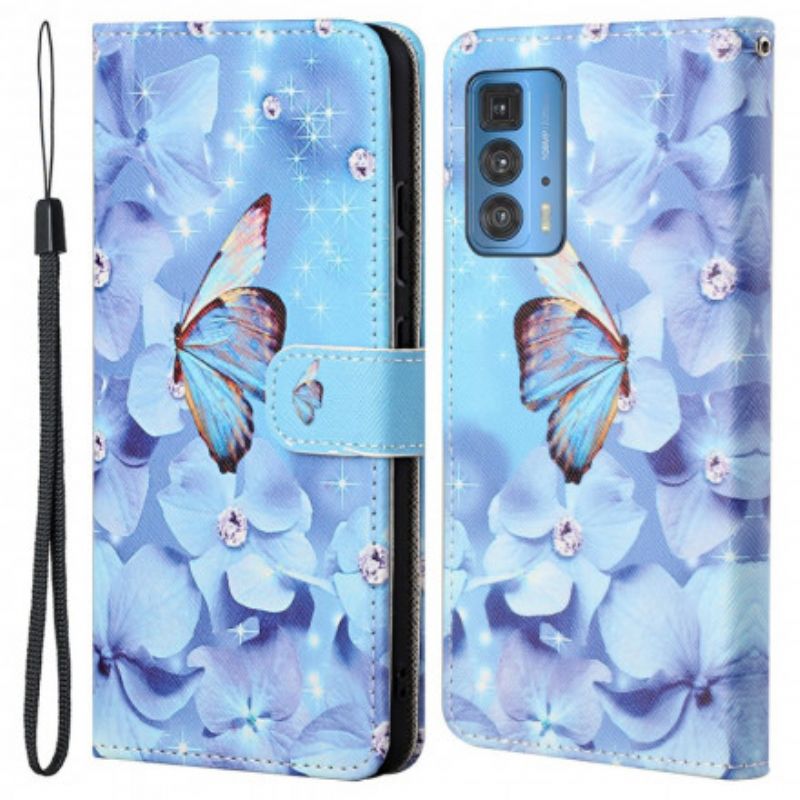 Flip Case Leren Motorola Edge 20 Pro Vlinders Met Diamanten Bandjes