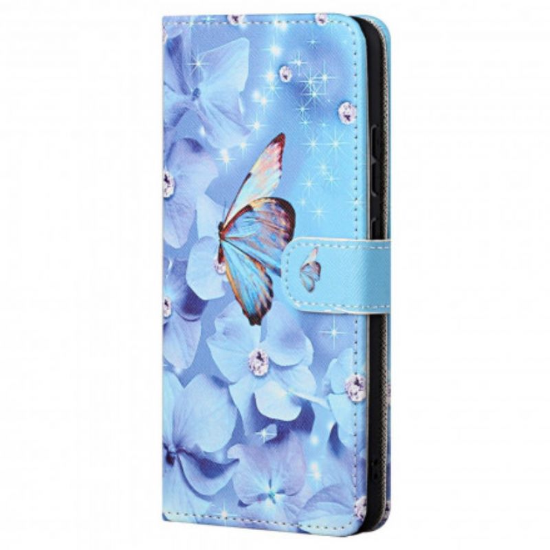 Flip Case Leren Motorola Edge 20 Pro Vlinders Met Diamanten Bandjes