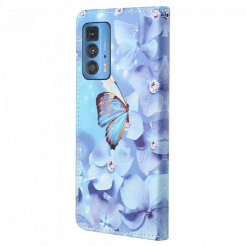 Flip Case Leren Motorola Edge 20 Pro Vlinders Met Diamanten Bandjes