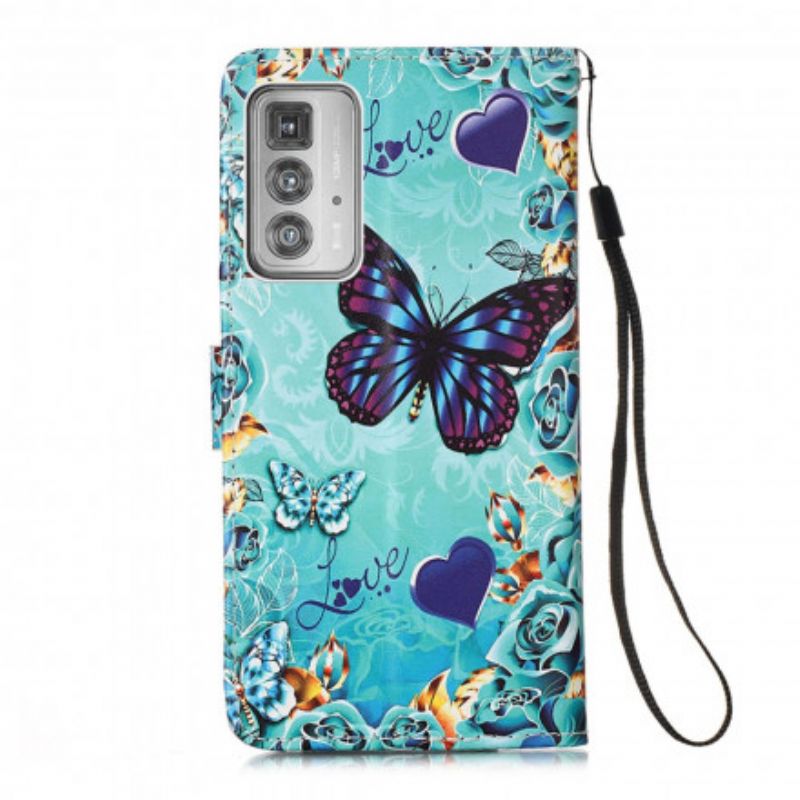 Leren Hoesje Motorola Edge 20 Pro Liefde Vlinders Strappy Bescherming Hoesje