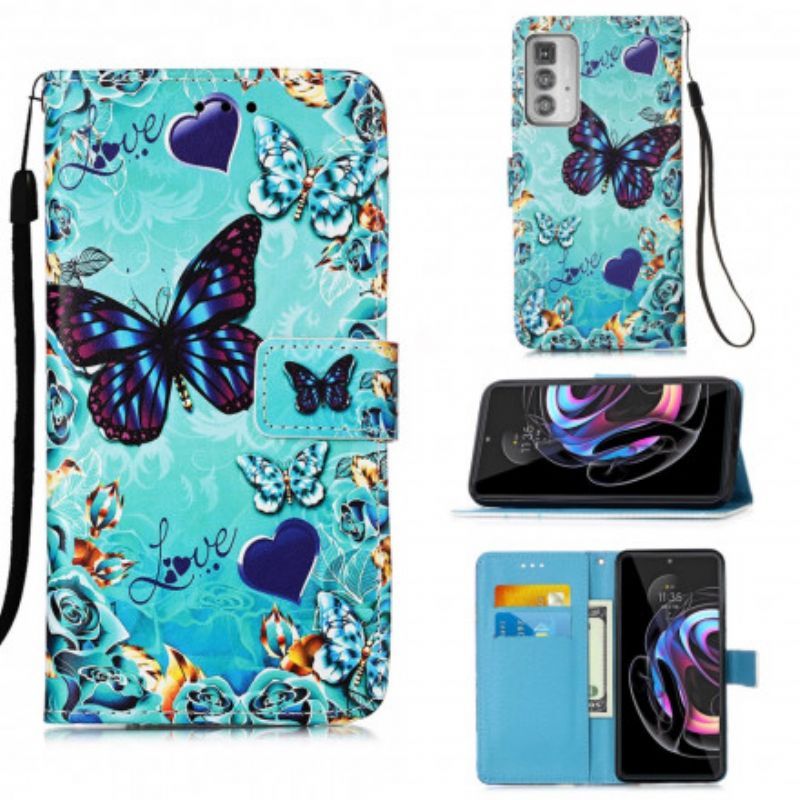 Leren Hoesje Motorola Edge 20 Pro Liefde Vlinders Strappy Bescherming Hoesje