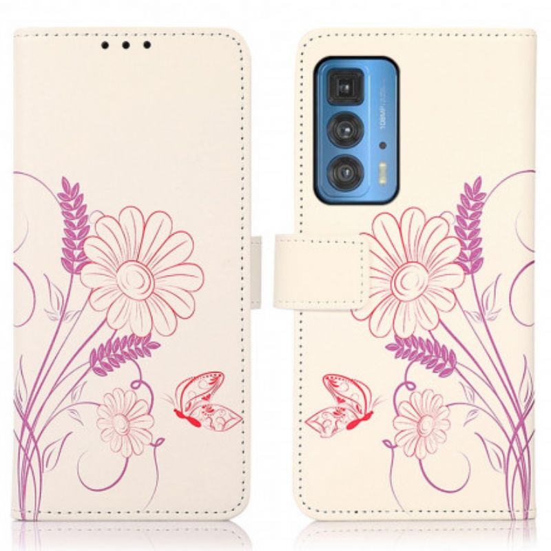 Leren Hoesje Voor Motorola Edge 20 Pro Vlinders En Bloemen Tekenen