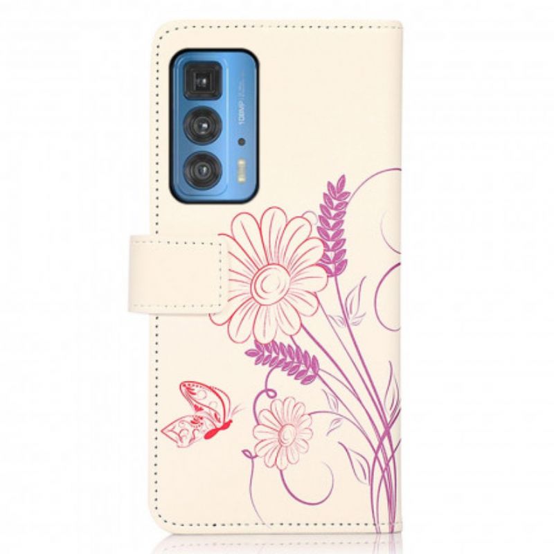 Leren Hoesje Voor Motorola Edge 20 Pro Vlinders En Bloemen Tekenen