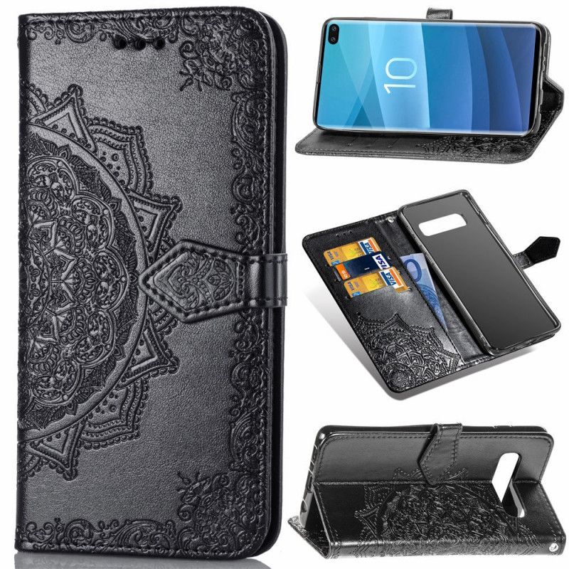 Cover Folio-hoesje Samsung Galaxy S10 Plus Grijs Zwart Telefoonhoesje Mandala Van Middelbare Leeftijd