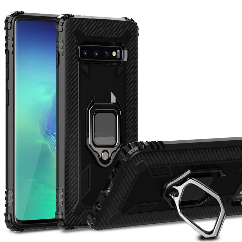 Hoesje voor Samsung Galaxy S10 Plus Zwart Ring En Koolstofvezel