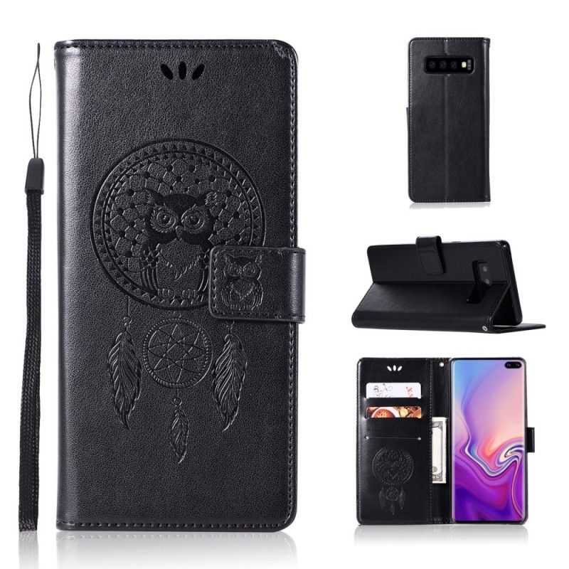 Leren Hoesje Samsung Galaxy S10 Plus Lichtblauw Grijs Telefoonhoesje Uil Dromenvanger Met Leereffect