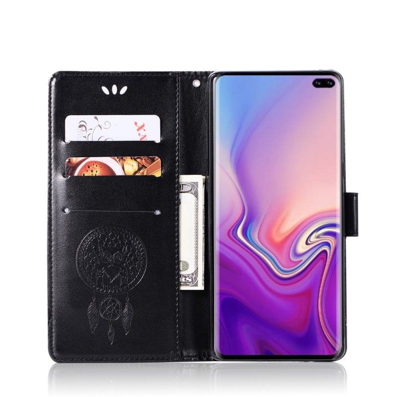 Leren Hoesje Samsung Galaxy S10 Plus Lichtblauw Grijs Telefoonhoesje Uil Dromenvanger Met Leereffect