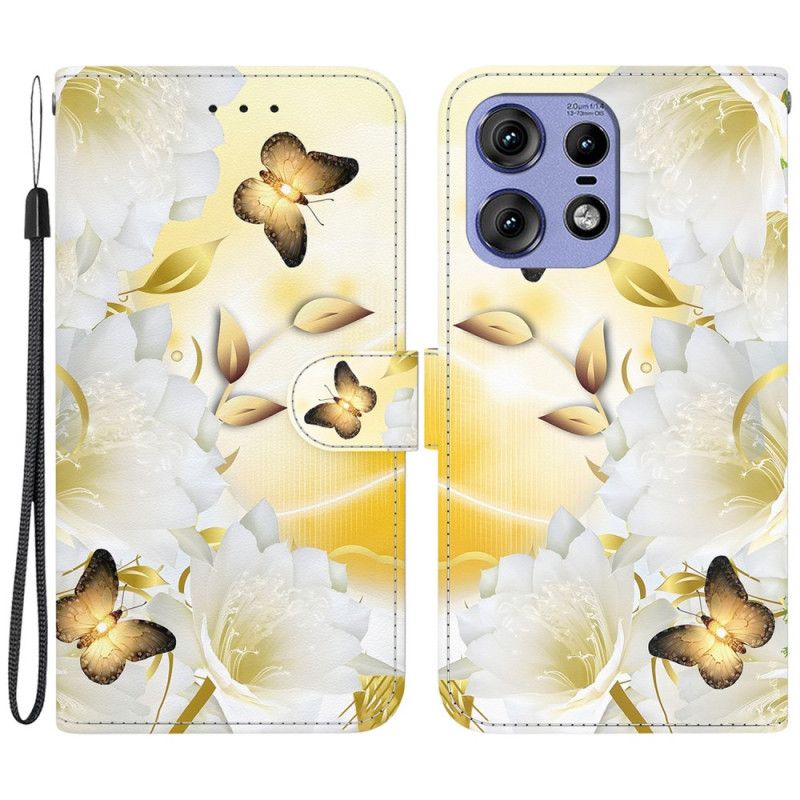 Bescherming Hoesje Motorola Edge 50 Pro Gouden Vlinders En Witte Bloemen Met Riem