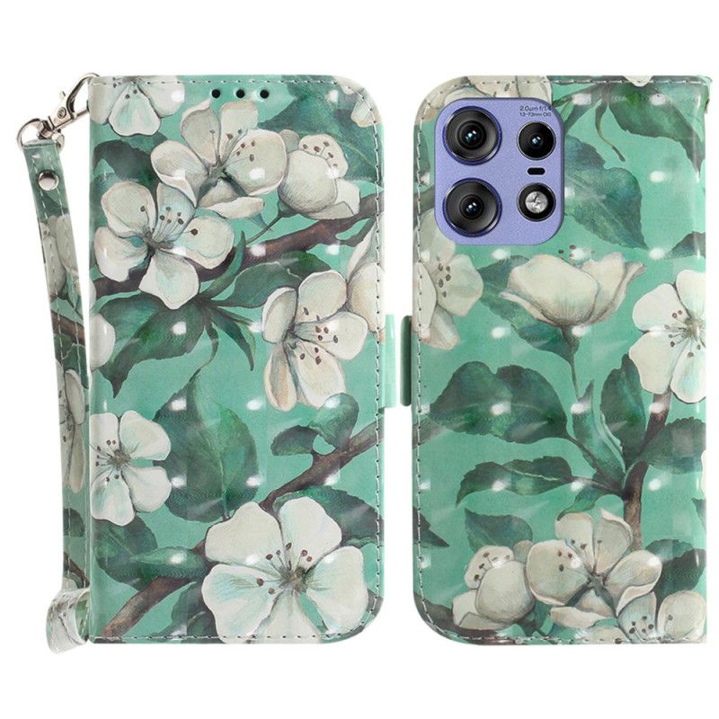 Flip Case Leren Motorola Edge 50 Pro Witte Bloemen Met Riem