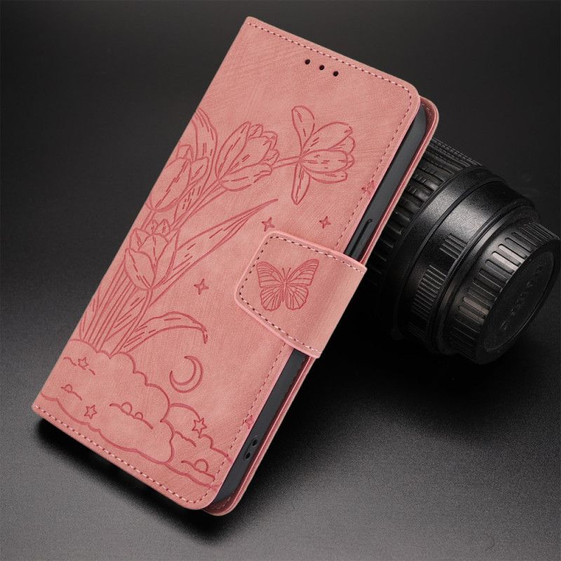 Leren Hoesje Voor Motorola Edge 50 Pro Bandje Met Bloemenprint