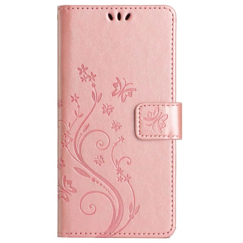 Leren Hoesje Voor Motorola Edge 50 Pro Vlinders En Bloemen Met Riem