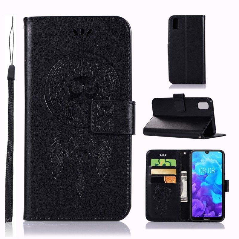 Cover Folio-hoesje Huawei Y5 2019 Grijs Zwart Telefoonhoesje Uil Dromenvanger Met Leereffect