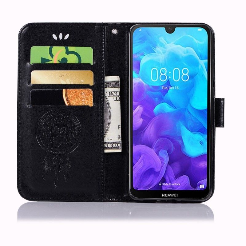 Cover Folio-hoesje Huawei Y5 2019 Grijs Zwart Telefoonhoesje Uil Dromenvanger Met Leereffect