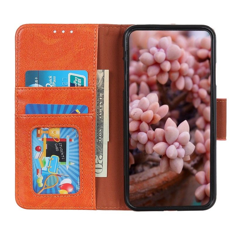 Leren Hoesje Huawei Y5 2019 Oranje Zwart Glanzend Leereffect