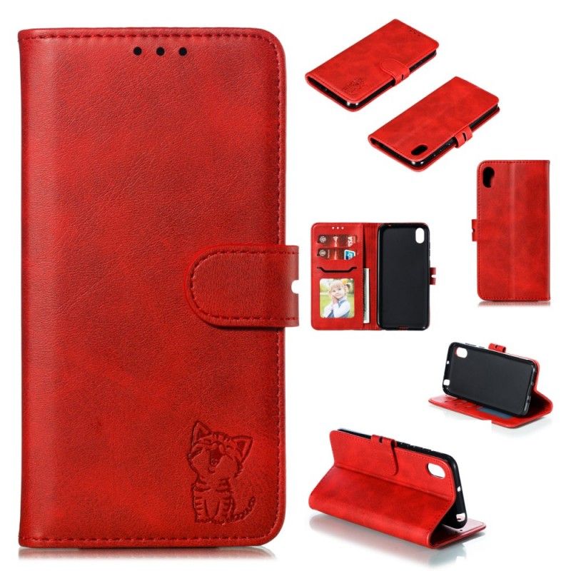 Leren Hoesje Huawei Y5 2019 Rood Grijs Telefoonhoesje Kitten Imitatieleer