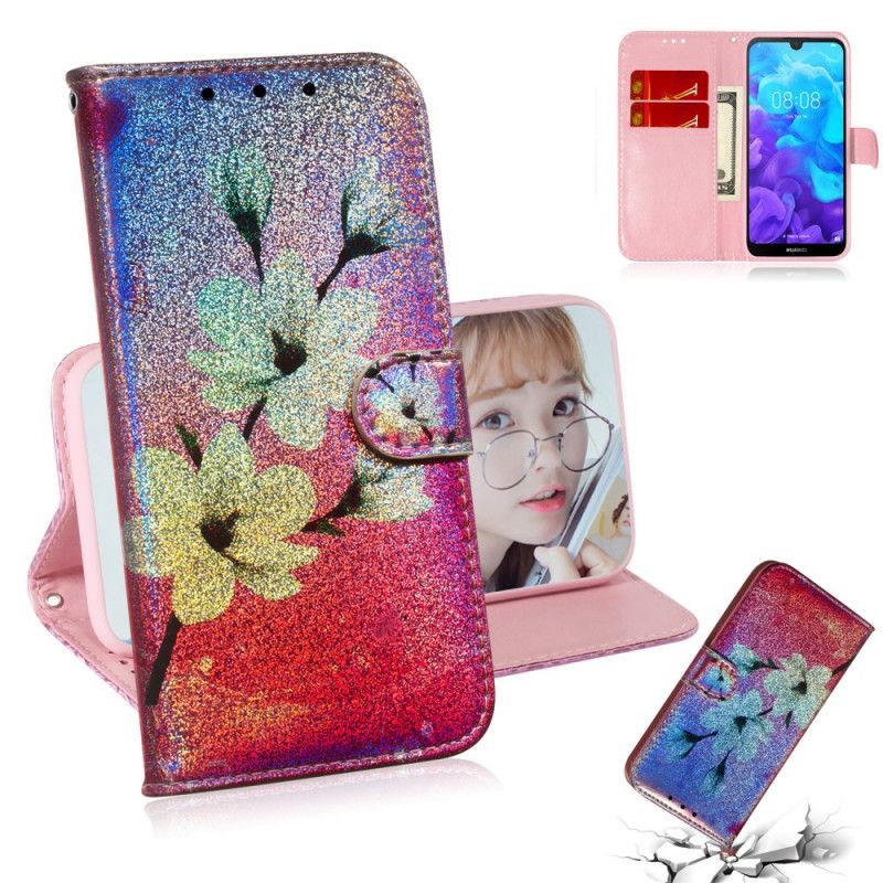 Leren Hoesje voor Huawei Y5 2019 Glitter Bloemen