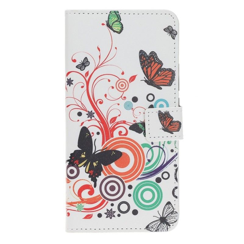 Leren Hoesje voor Huawei Y5 2019 Lichtblauw Zwart Vlinders En Bloemen