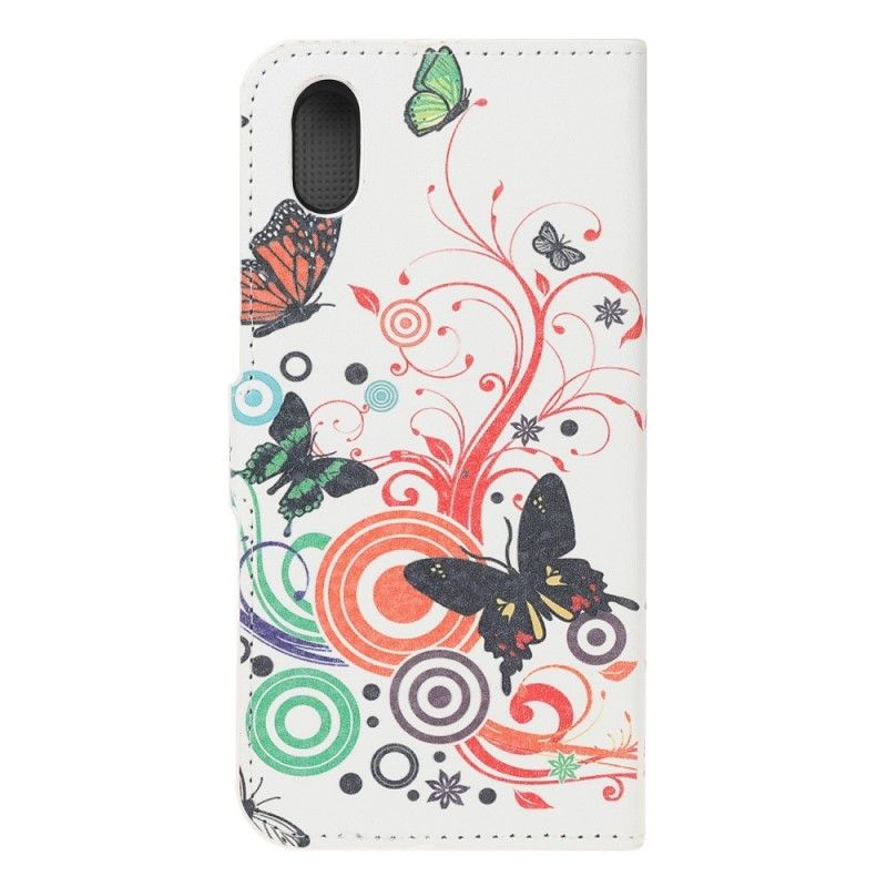 Leren Hoesje voor Huawei Y5 2019 Lichtblauw Zwart Vlinders En Bloemen