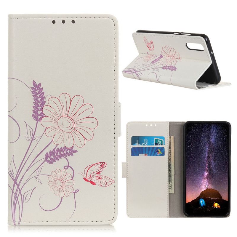 Leren Hoesje voor Xiaomi Mi 9 Lite Vlinders En Bloemen Tekenen