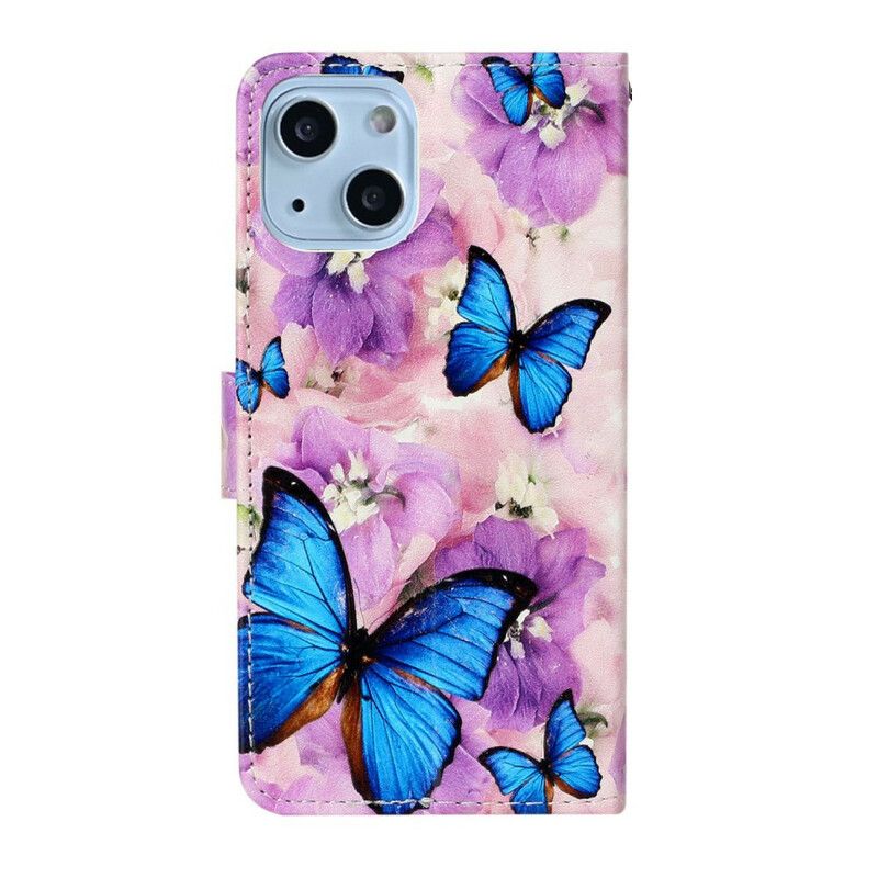 Folio-hoesje iPhone 13 Mini Blauwe Vlinders In De Bloemen