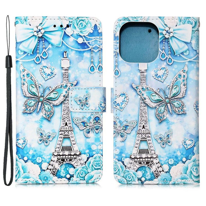 Leren Hoesje iPhone 13 Mini Eiffeltoren Vlinders Riem