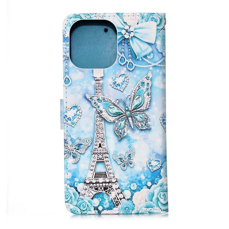 Leren Hoesje iPhone 13 Mini Eiffeltoren Vlinders Riem