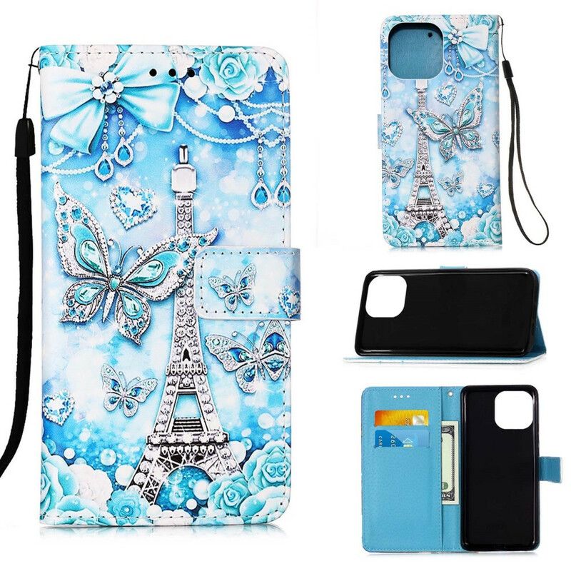 Leren Hoesje iPhone 13 Mini Eiffeltoren Vlinders Riem