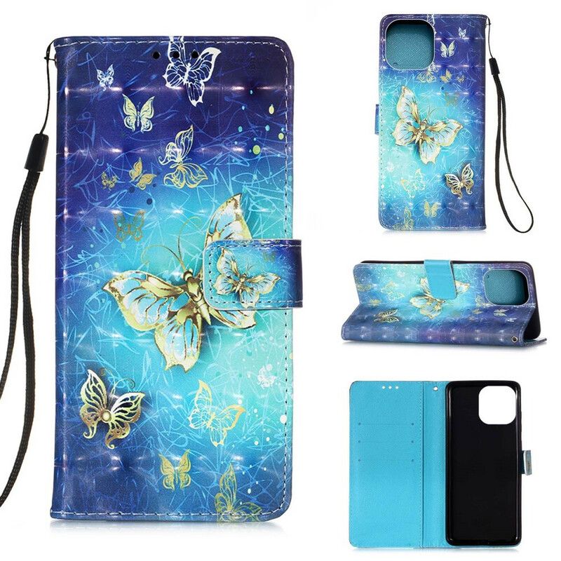 Leren Hoesje iPhone 13 Mini Gouden Vlinders Lanyard Bescherming Hoesje