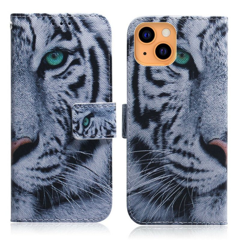 Leren Hoesje iPhone 13 Mini Tijgergezicht Bescherming Hoesje