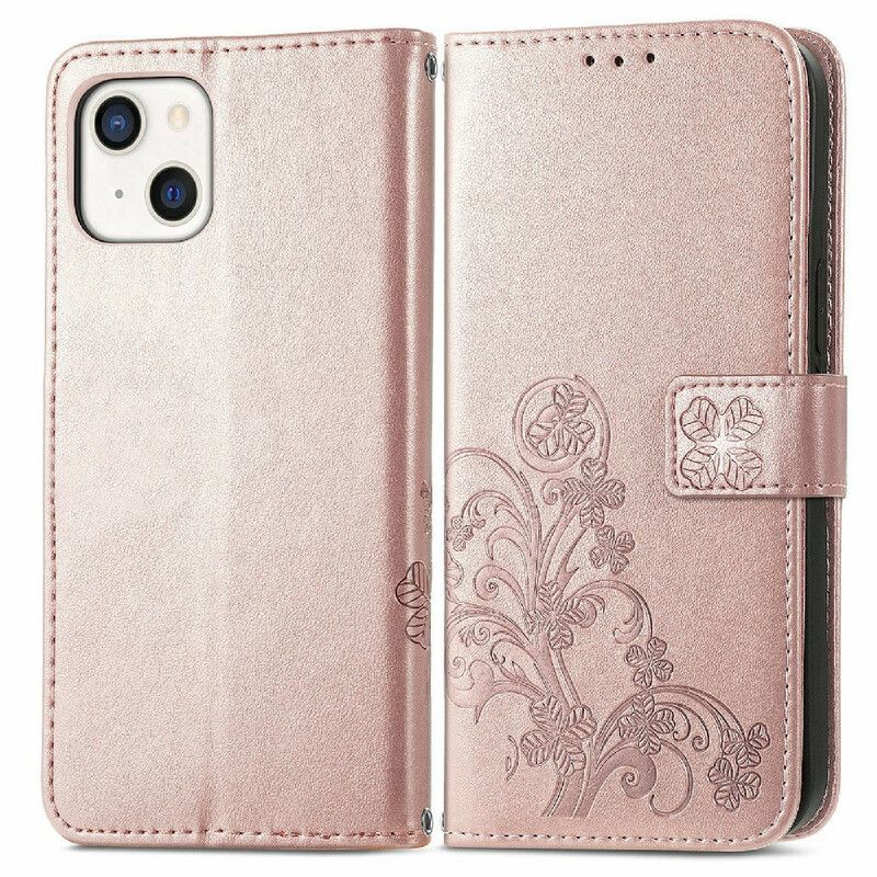 Leren Hoesje iPhone 13 Mini Vlinders En Bloemen Strappy Bescherming Hoesje