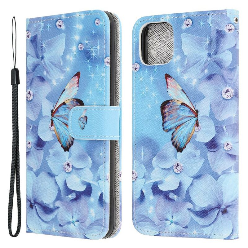 Leren Hoesje iPhone 13 Mini Vlinders Met Diamanten Bandjes Bescherming Hoesje