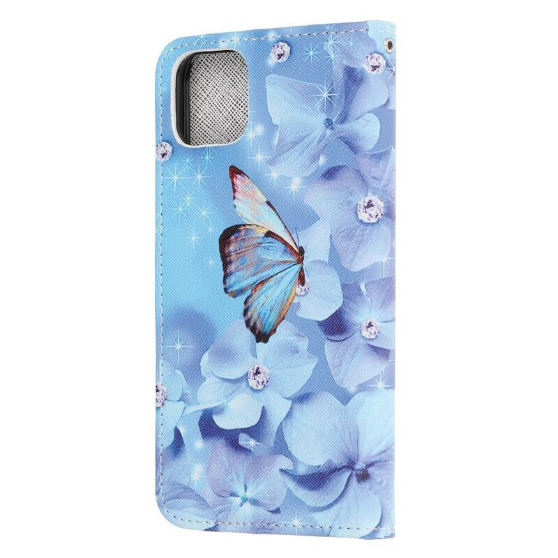 Leren Hoesje iPhone 13 Mini Vlinders Met Diamanten Bandjes Bescherming Hoesje