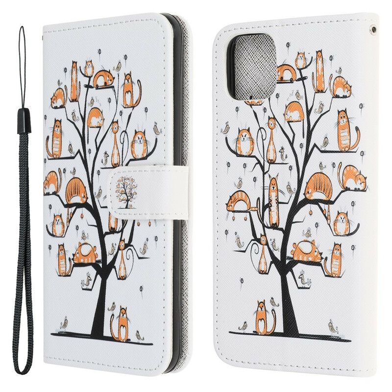 Leren Hoesje Voor iPhone 13 Mini Funky Cats Strappy