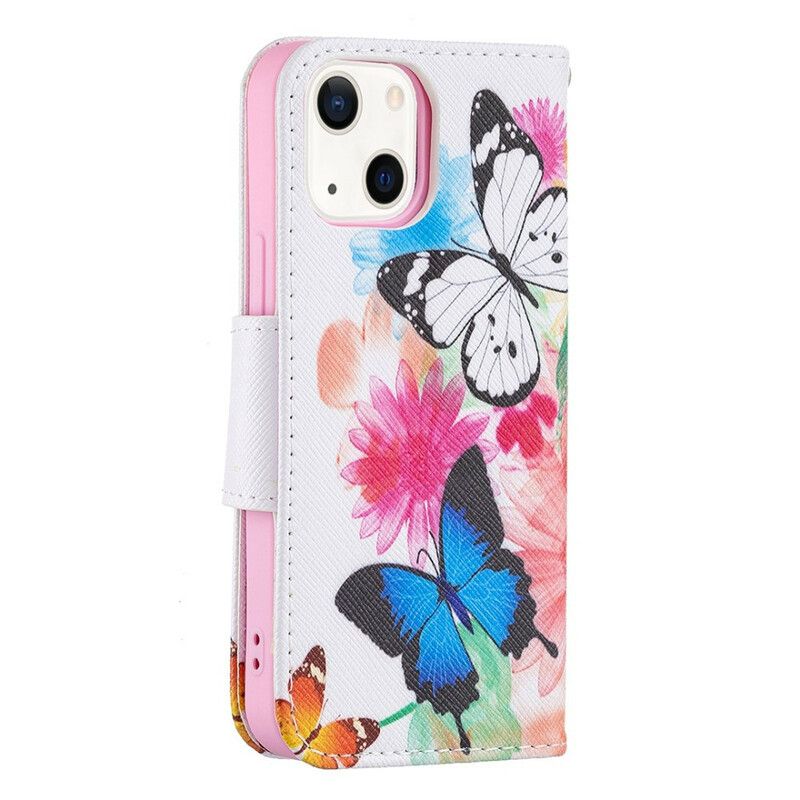 Leren Hoesje Voor iPhone 13 Mini Geschilderde Vlinders En Bloemen