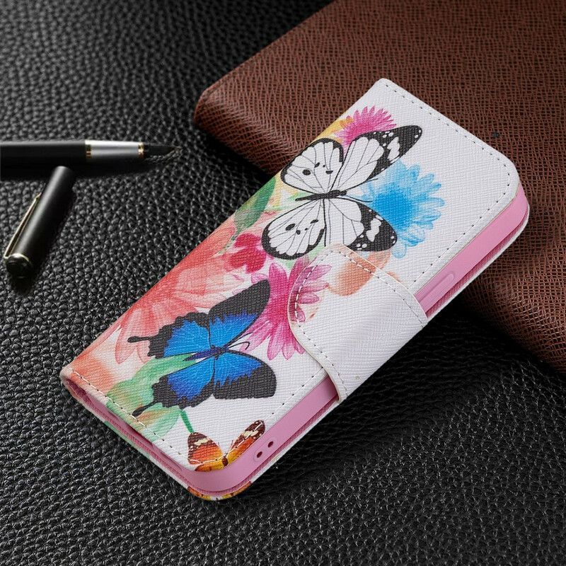 Leren Hoesje Voor iPhone 13 Mini Geschilderde Vlinders En Bloemen