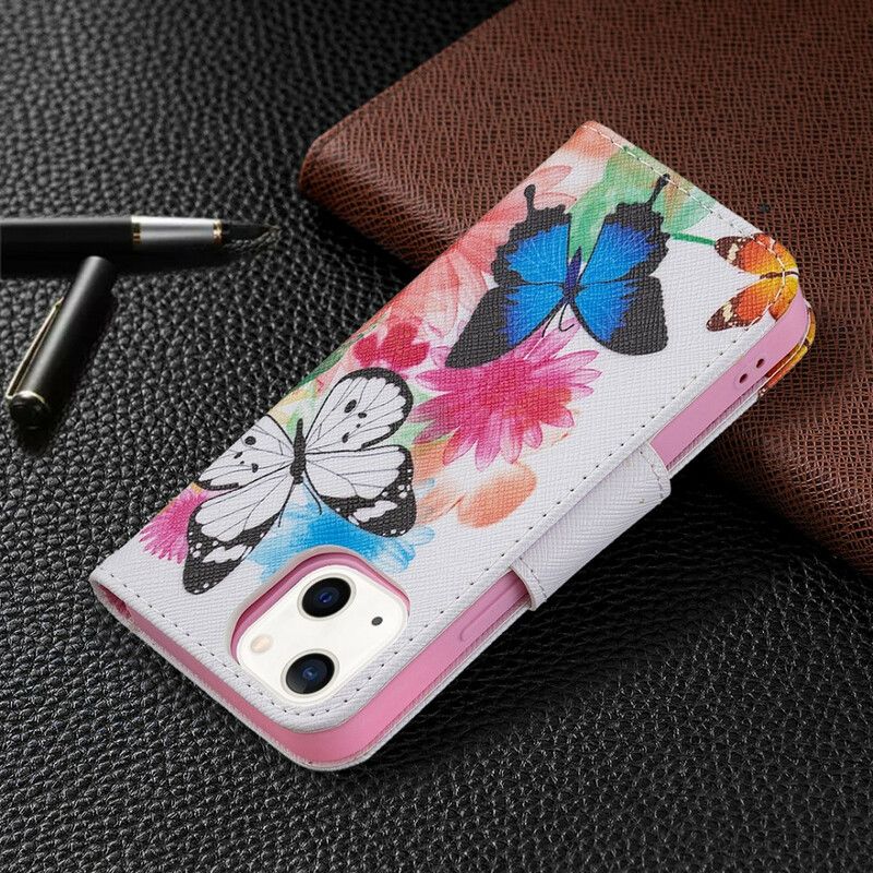 Leren Hoesje Voor iPhone 13 Mini Geschilderde Vlinders En Bloemen