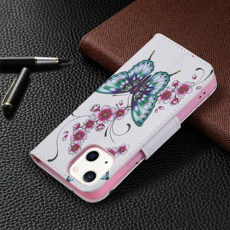 Leren Hoesje Voor iPhone 13 Mini Prachtige Vlinders