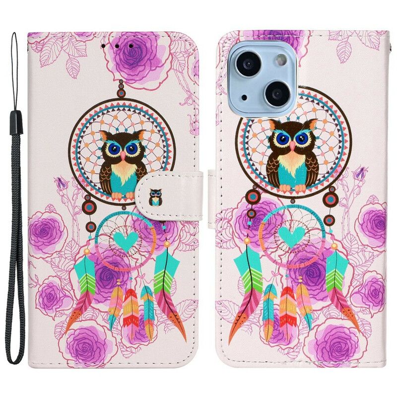 Leren Hoesje Voor iPhone 13 Mini Uil Mandala Met Riem