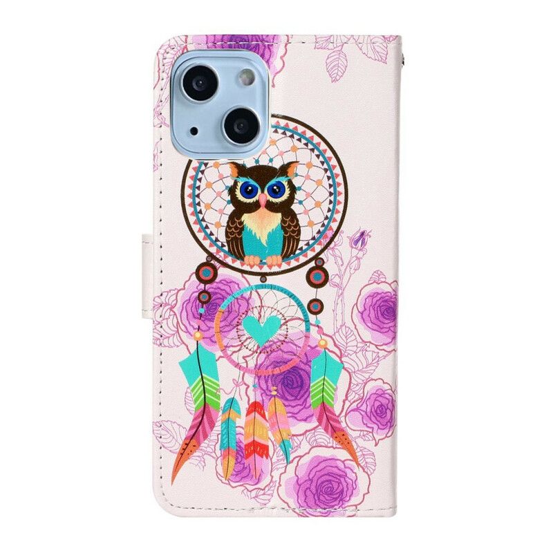 Leren Hoesje Voor iPhone 13 Mini Uil Mandala Met Riem