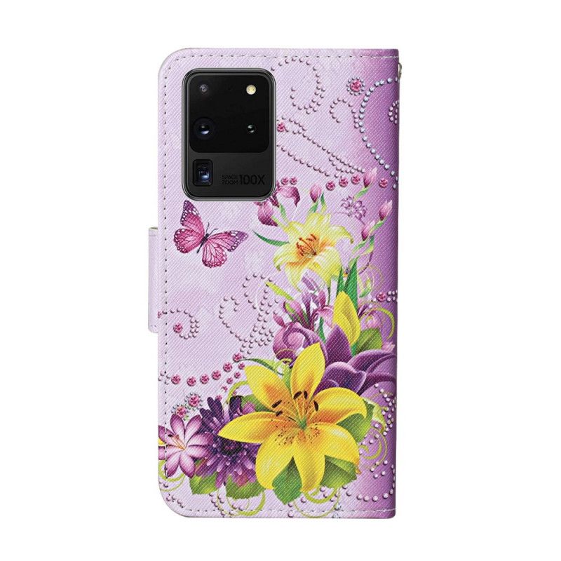 Flip Case Leren Samsung Galaxy S20 Ultra Lichtblauw Magenta Meesterlijke Bloemen Met String