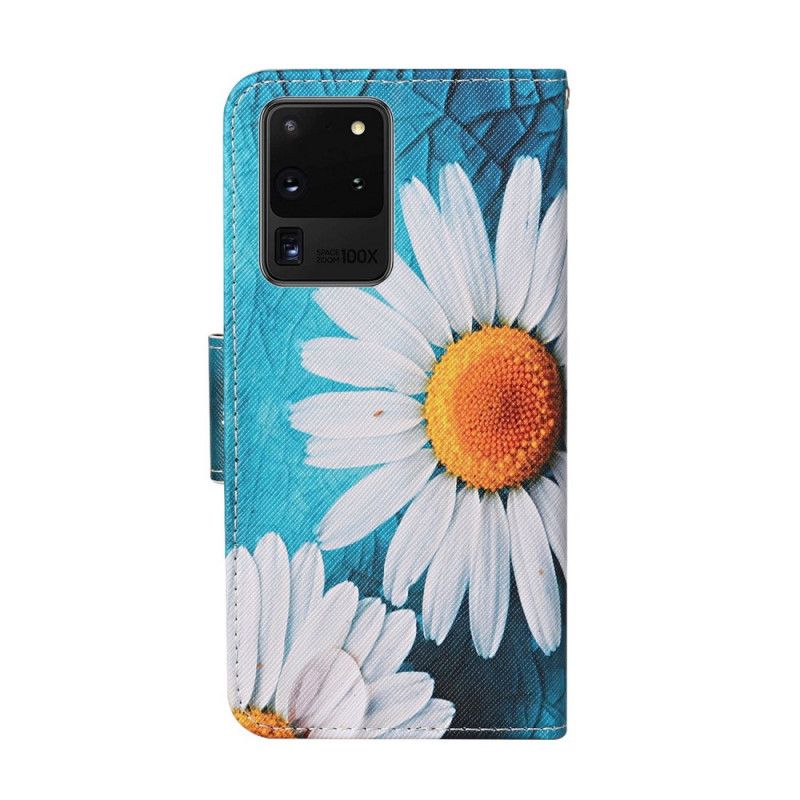 Flip Case Leren Samsung Galaxy S20 Ultra Lichtblauw Magenta Meesterlijke Bloemen Met String