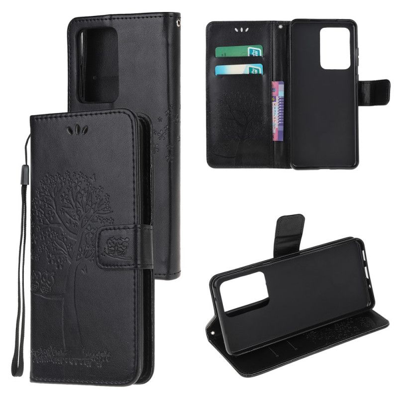 Flip Case Leren Samsung Galaxy S20 Ultra Lichtblauw Zwart Boom En String Uilen