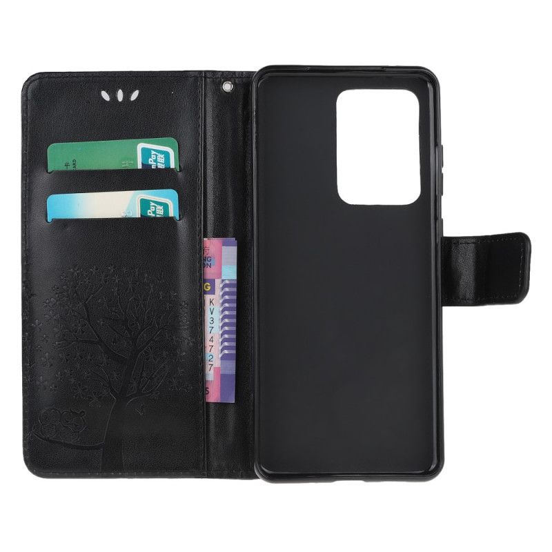 Flip Case Leren Samsung Galaxy S20 Ultra Lichtblauw Zwart Boom En String Uilen